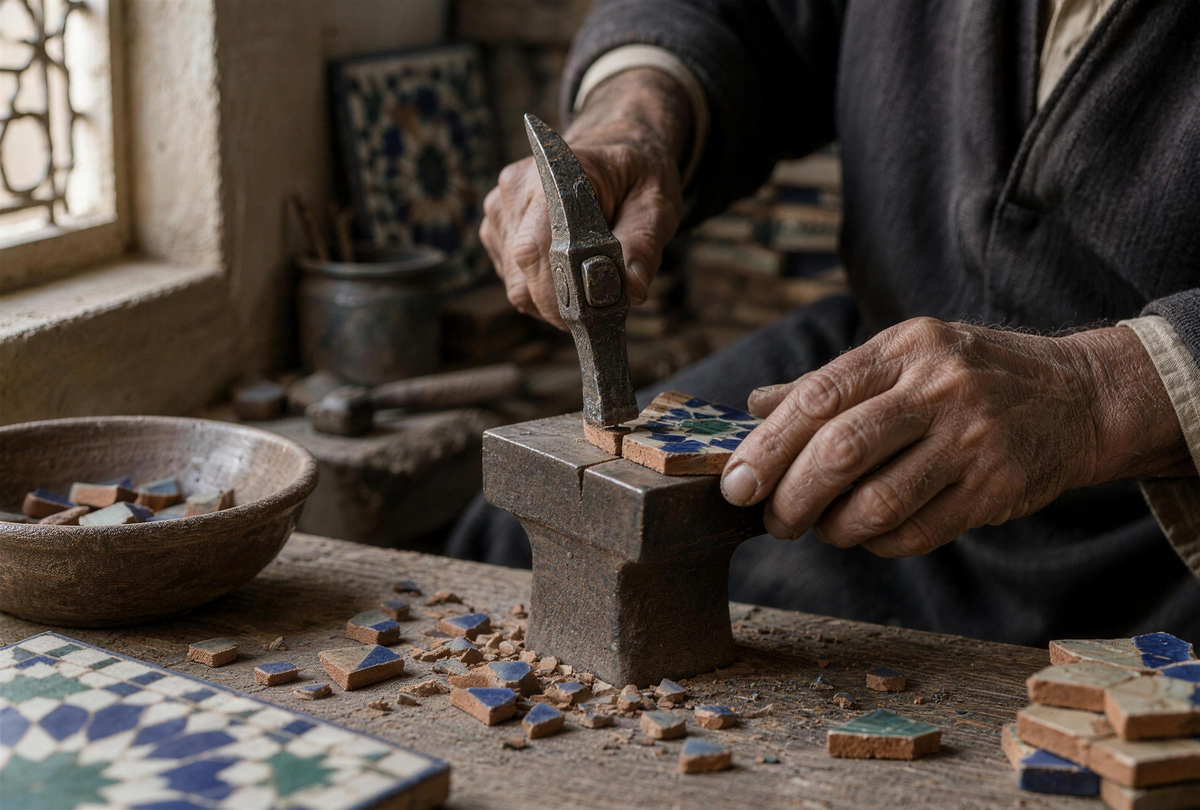A craftsman cutting a glazed tile with a hammer
